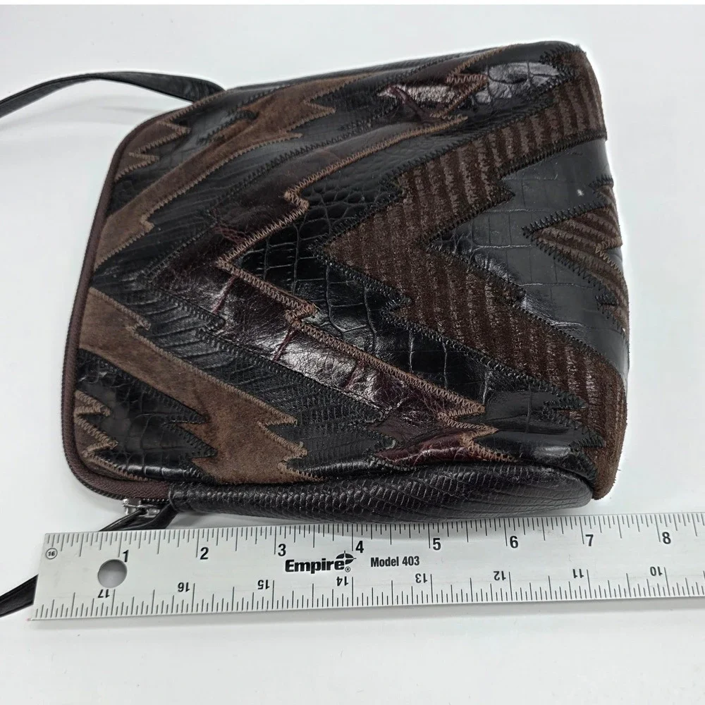 Vintage Sharif‎ Crossbody Bag Patchwork Leather Suede Brown Black Snake USA 80s